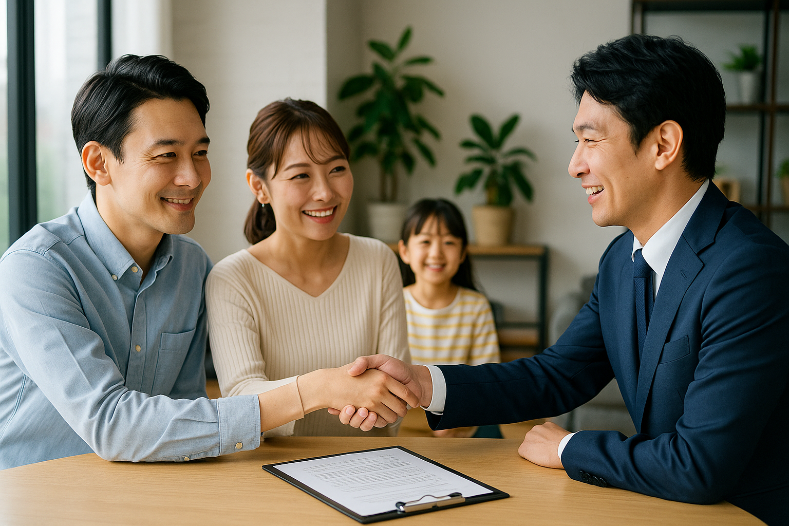 住宅ローン契約に臨む家族と営業スタッフが笑顔で握手している写真